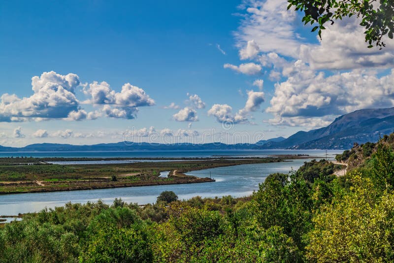 Panorama of Lake Butrint, wild landscape of Butrint area, UNESCO`s World Heritage site in the south of Albania, Europe