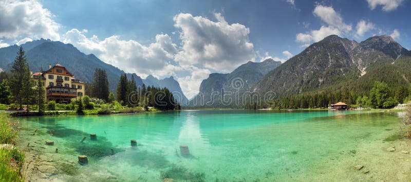 Panorama of Lake dobbiaco, Dolomites mountain