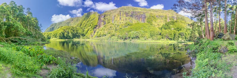 Panoramic view of lake Poco do Ribeira do Ferreiro at the Azores island of Flores