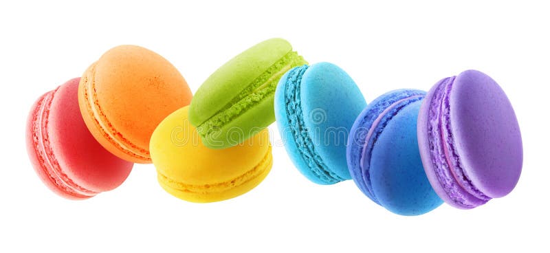 Panorama of levitating rainbow colored macaroons isolated on white background