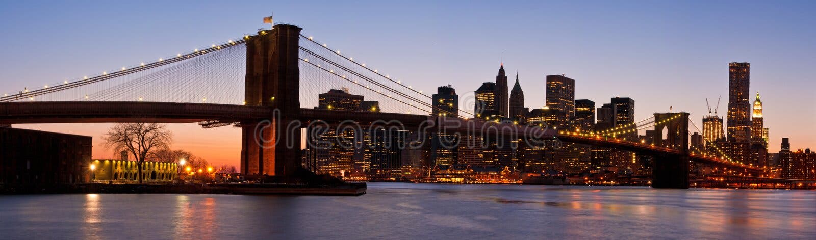 New York City Night Panorama with Brooklyn Bridge Stock Image - Image ...