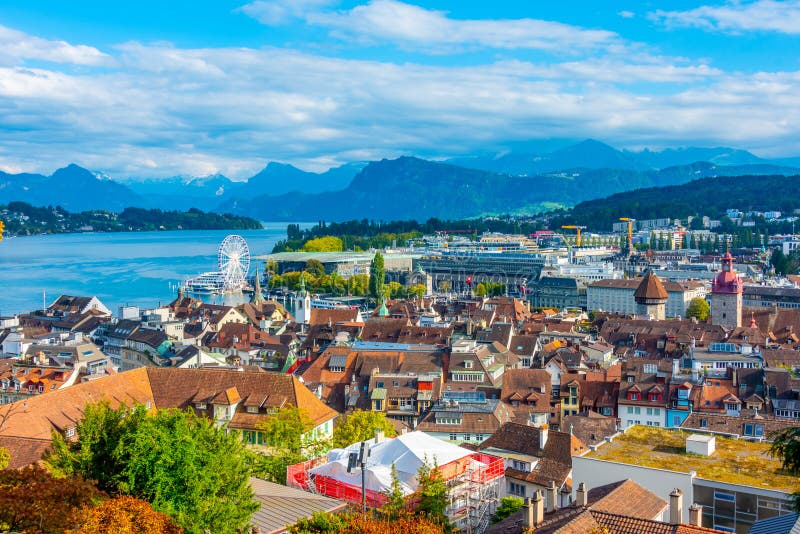 Panorama of Luzern with KKL Building in Switzerland Stock Photo Image