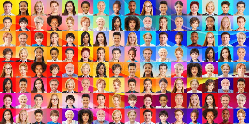 Panorama of many generations in front of rainbow background royalty free stock photo