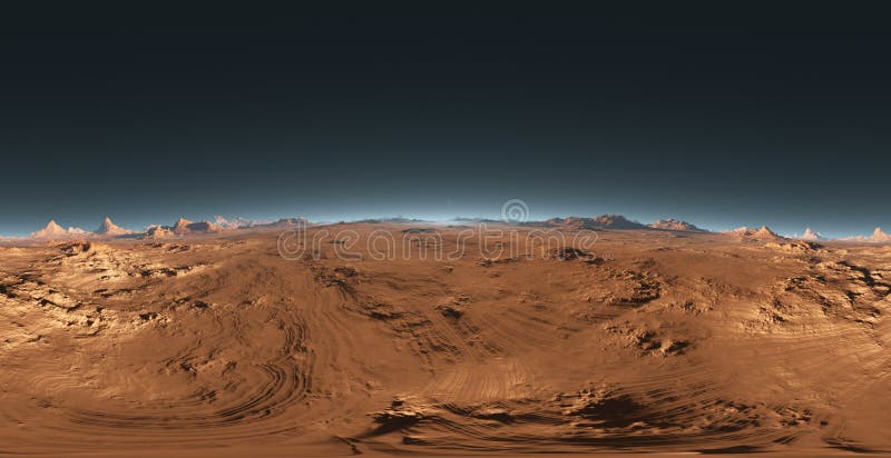 Panorama of Mars sunset, environment HDRI map. Equirectangular projection, spherical panorama. Martian landscape