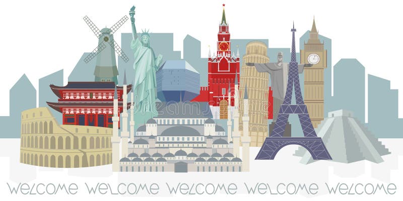 Panorama met architecturale wereldoriëntatiepunten vector illustratie Panorama met architecturale wereldoriëntatiepunten vector illustratie