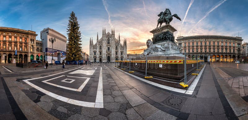 Panorama of Milan Cathedral (Duomo di Milano), Vittorio Emanuele II Gallery and Piazza del Duomo in Milan, Italy