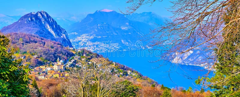 Panorama mit See Lugano und Berggipfel von parco san grato carona Schweiz