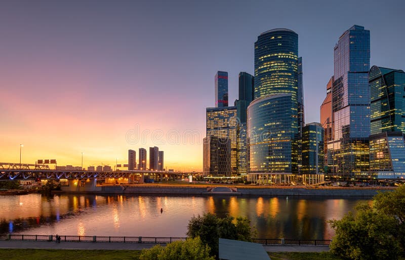 Panorama of Moscow with tall buildings of Moscow-City at night, Russia