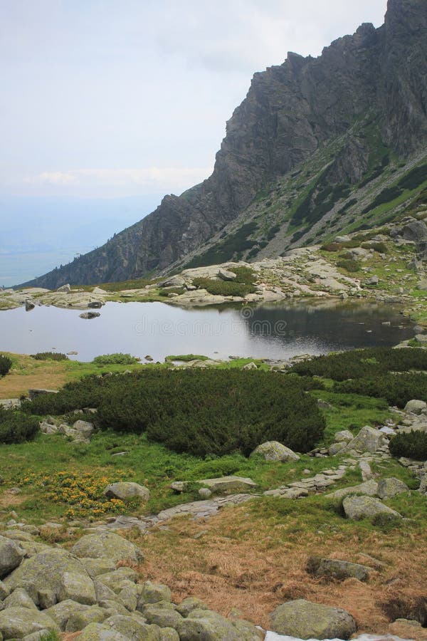 Panorama with mountain lake in High Tatra, Slovakia, Europe