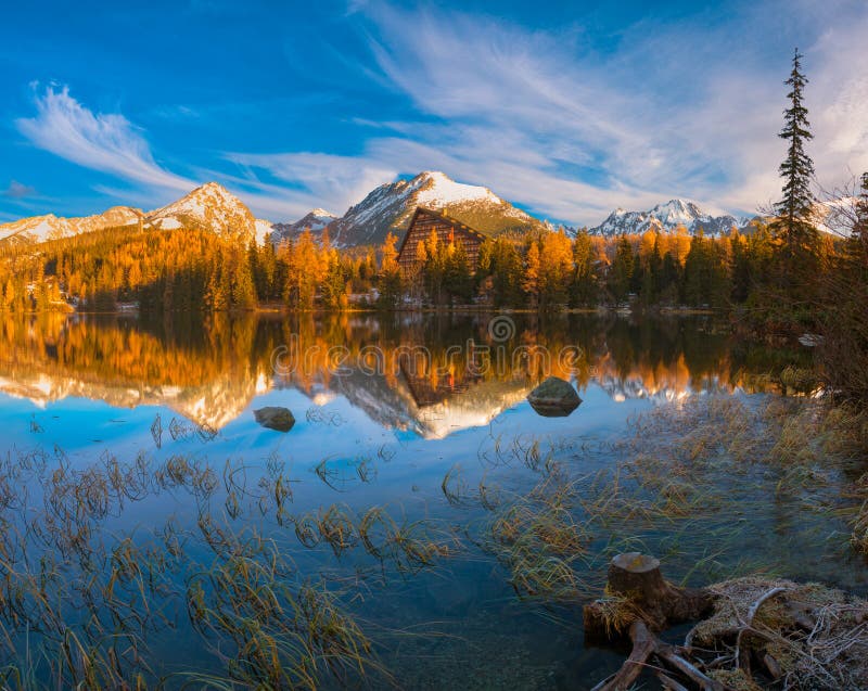 Panorama of a mountain lake in winter scenery, Strbske Pleso, Sl