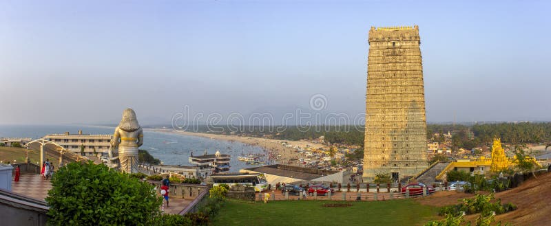 Panoramic view of the Raja Gopura and the Arabian sea of Murudeshwar temple. Panoramic view of the Raja Gopura and the Arabian sea of Murudeshwar temple.