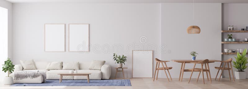 Panorama nowoczesnego salonu z białymi meblami i jadalnią