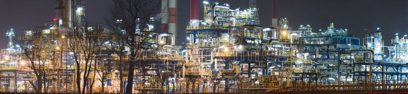 Panorama of oil refinery by night, power and energy, Poland. Panorama of oil refinery by night, power and energy, Poland