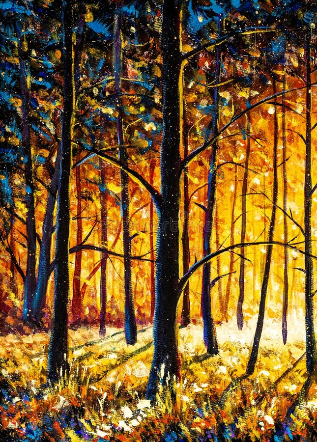 Orange gold trees in park alley forest texture impressionism original oil painting art background landscape. Orange gold trees in park alley forest texture impressionism original oil painting art background landscape