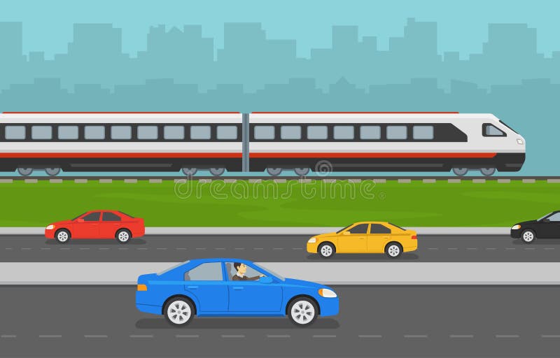 Panorama orașelor cu șosea și cale ferată. mașini moderne pentru transport cu gloanțe și cu mașini sedan. ilustrare vectorială pla vector illustration