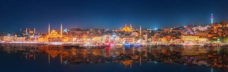 Panorama os Istanbul and Bosporus at night stock photography