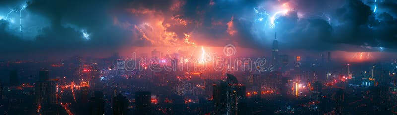 landscape panorama with thunderstorms and bright thunderbolts lightning flashes in night sky over a megalopolis city with skyscrapers AI generated. landscape panorama with thunderstorms and bright thunderbolts lightning flashes in night sky over a megalopolis city with skyscrapers AI generated