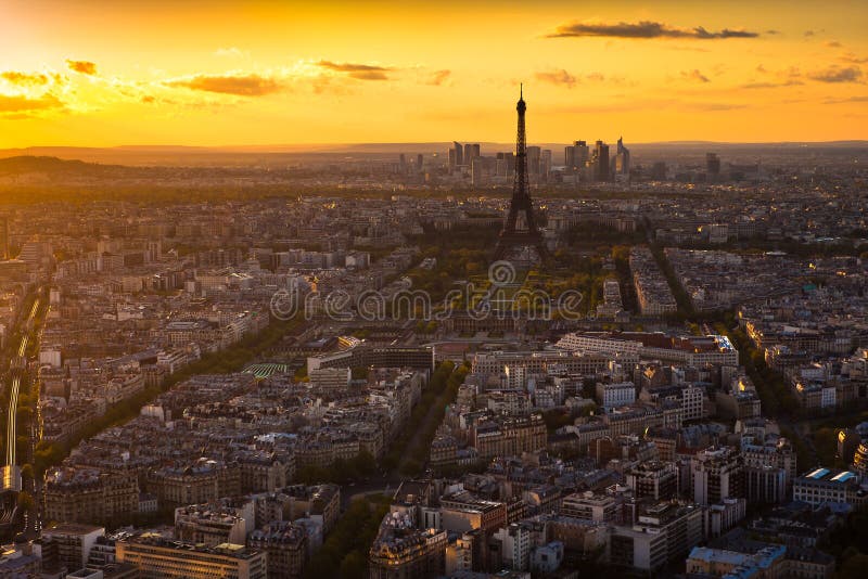 Panorama of Paris at sunset. Eiffel tower view from montparnasse building in Paris - France.