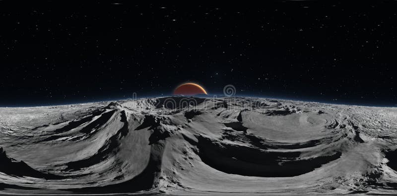Panorama of Phobos with the red planet Mars in the background, environment HDRI map. Equirectangular projection royalty free illustration