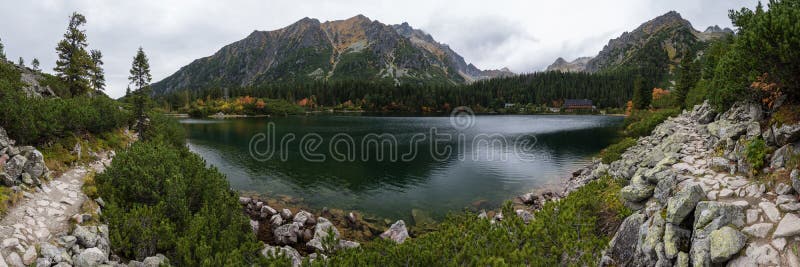 Panorama of Popradske Pleso mountain lake in High Tatras, Slovakia