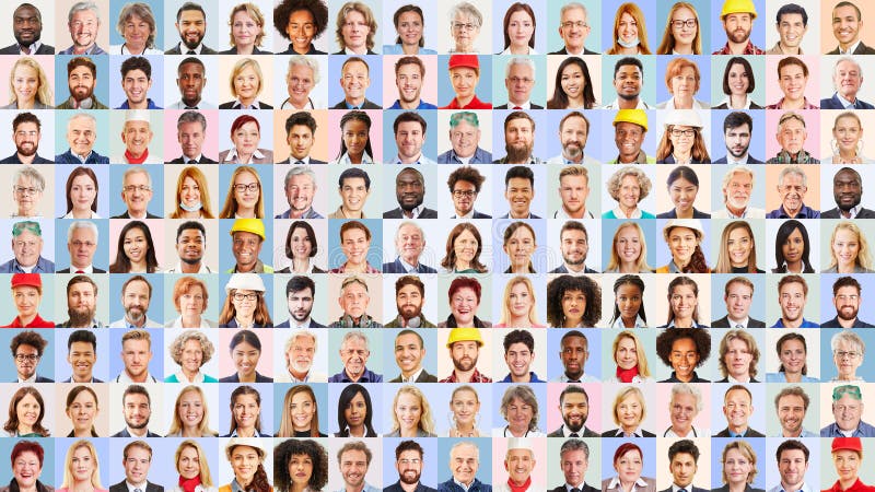 Panorama portrait collage of adults of many generations stock photo