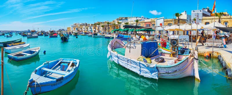 Panorama połowu schronienie Marsaxlokk obrazy royalty free Panorama połowu schronienie Marsaxlokk obrazy royalty free