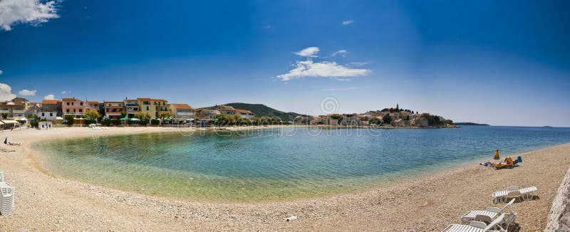 Panorama of Primosten beach and town