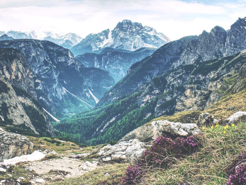 Panorama of a rocky mountain valley with a sharp peaks royalty free stock photo Panorama of a rocky mountain valley with a sharp peaks royalty free stock photo