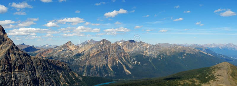 Panorama of rocky mountains. Panoramic view of rocky mountains from the hiking trail beside mountain edith cavell, jasper national park, alberta, canada stock photo Panorama of rocky mountains. Panoramic view of rocky mountains from the hiking trail beside mountain edith cavell, jasper national park, alberta, canada stock photo