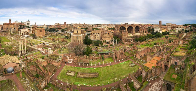 Panorama of the Roman Forum, city square in ancient Rome, Italy
