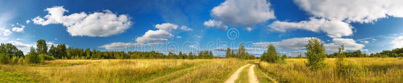 Panorama rural summer landscape with a road,field and forest.