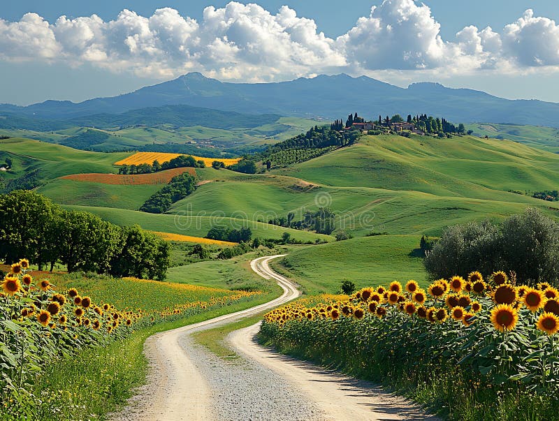 Panorama rurale sereno con piste tortuose e campi di girasole. royalty illustrazione gratis