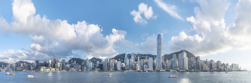 Panorama of Skyline of Victoria Harbor in Hong Kong City Stock Photo