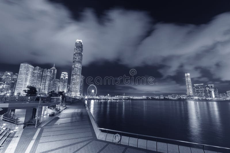 Panorama of Skyline of Victoria Harbor of Hong Kong City at Night Stock