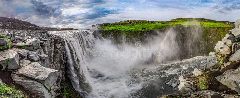 Panorama of stunning waterfall Dettifoss in Iceland royalty free stock images