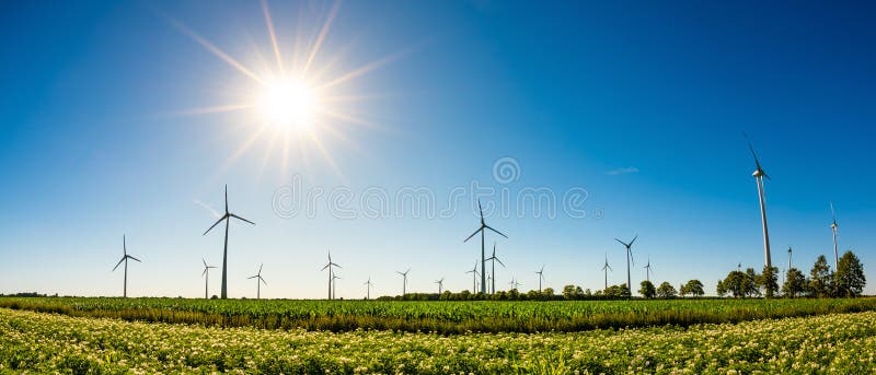 Landscape in Germany with many wind turbines, green fields and bright sun