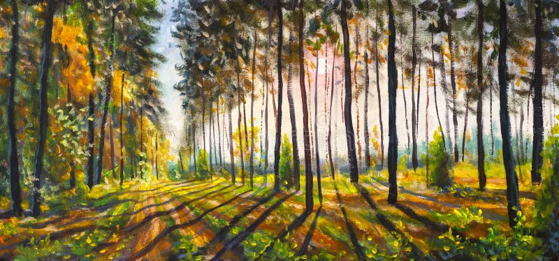 Beautiful forest panorama Original oil painting on canvas. Panorama of sunny autumn spring park alley with green golden trees meadow, natural seasonal background art