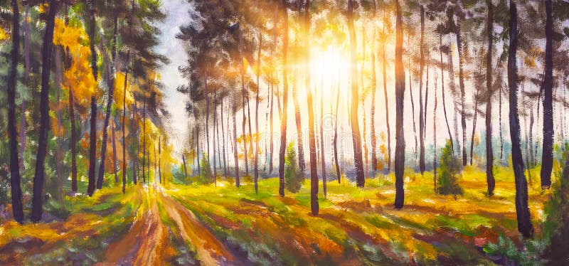 Beautiful forest panorama Original oil painting on canvas. Panorama of sunny autumn spring park alley with green golden trees meadow, natural seasonal background art