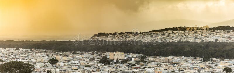 Panorama of the Sunset districts of San Francisco at sunset. Panorama of the Sunset and Richmond districts of San Francisco at sunset stock photography Panorama of the Sunset districts of San Francisco at sunset. Panorama of the Sunset and Richmond districts of San Francisco at sunset stock photography