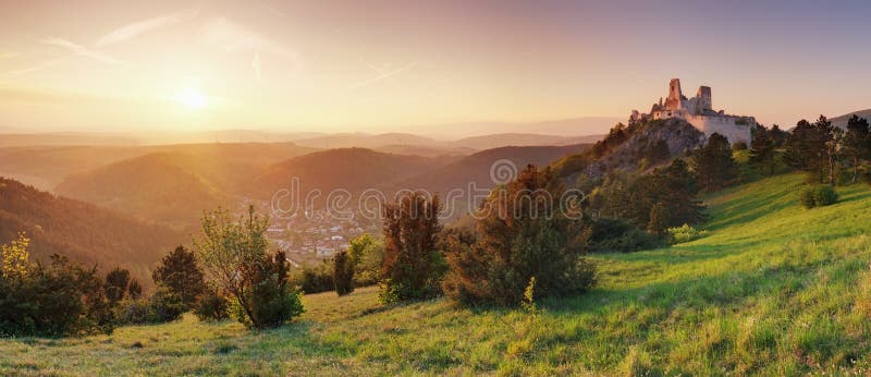 Panorama sunset - ruin of castle Cachtice, Slovakia