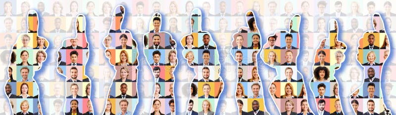 Panorama of thumbs up silhouettes in front of colorful business portraits royalty free stock images