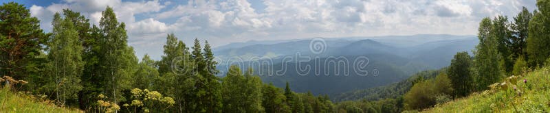 Panorama from the top of Mount Tserkovka in summer resort of Belokurikha in Altai Krai