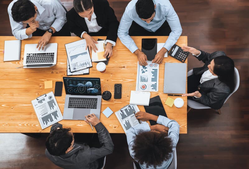 Panorama top view analyst team use BI dashboard for data analysis. Concord royalty free stock photos