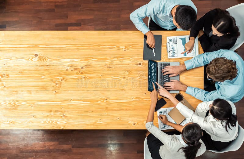 Panorama top view diverse analyst team analyzing financial data. Meticulous royalty free stock photos