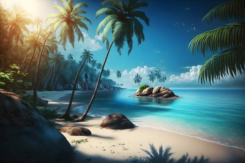 Panorama of Tropical Beach with Coconut Palm Trees. Neural Network AI