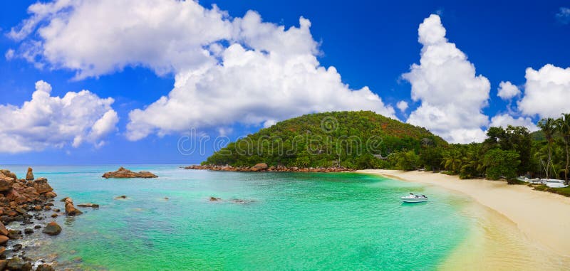 Panorama of tropical beach at Seychelles