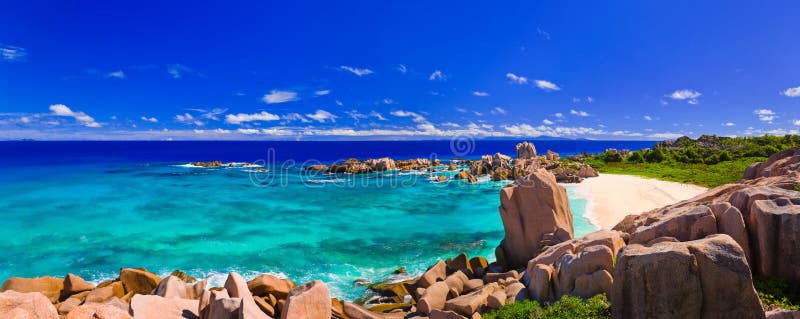 Panorama of tropical beach at Seychelles - nature background. Seychelles stock images, royalty-free photos and pictures
