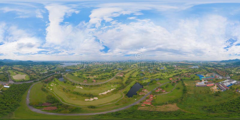 360 panorama by 180 degrees angle seamless panorama of aerial view of Golf Course Club and hotel resort. Green natural garden park in sport and recreation concept. 360 panorama by 180 degrees angle seamless panorama of aerial view of Golf Course Club and hotel resort. Green natural garden park in sport and recreation concept