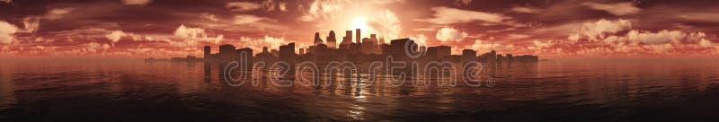 Panorama unui apus de soare deasupra unui oraș marin vector illustration