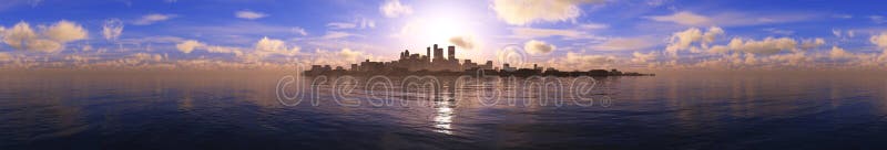 Panorama unui apus de soare deasupra unui oraș marin vector illustration